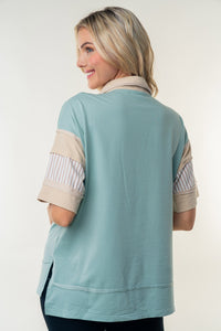 White Birch Oversized Knit Polo Top in Sage Combo