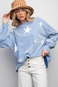 Easel Star Printed Mineral Washed Top in Peri Blue