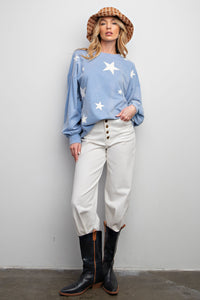 Easel Star Printed Mineral Washed Top in Peri Blue