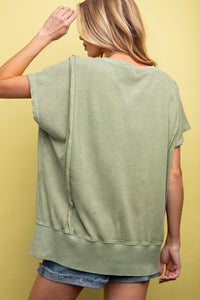 Easel Solid Color Mineral Washed Terry Knit Top in Sage Shirts & Tops Easel   