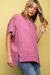 Easel Solid Color Mineral Washed Terry Knit Top in Berry Shirts & Tops Easel   