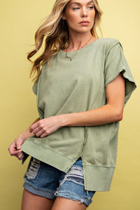 Easel Solid Color Mineral Washed Terry Knit Top in Sage Shirts & Tops Easel   