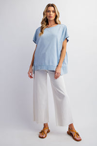 Easel Solid Color Mineral Washed Terry Knit Top in Cielo Shirts & Tops Easel   