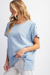 Easel Solid Color Mineral Washed Terry Knit Top in Cielo Shirts & Tops Easel   