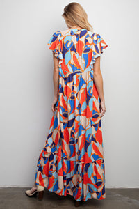 Easel Geometric Print Maxi Dress in Blue Dresses Easel   