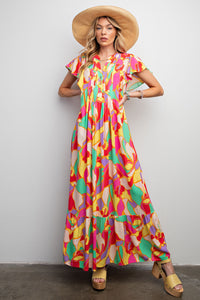Easel Geometric Print Maxi Dress in Pink Dresses Easel   