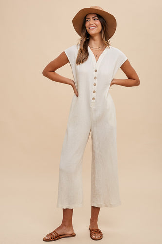 AnnieWear Cotton Gauze Half Button Down Jumpsuit in Cream Jumpsuit AnnieWear   