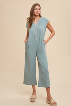 Load image into Gallery viewer, AnnieWear Cotton Gauze Half Button Down Jumpsuit in Sage
