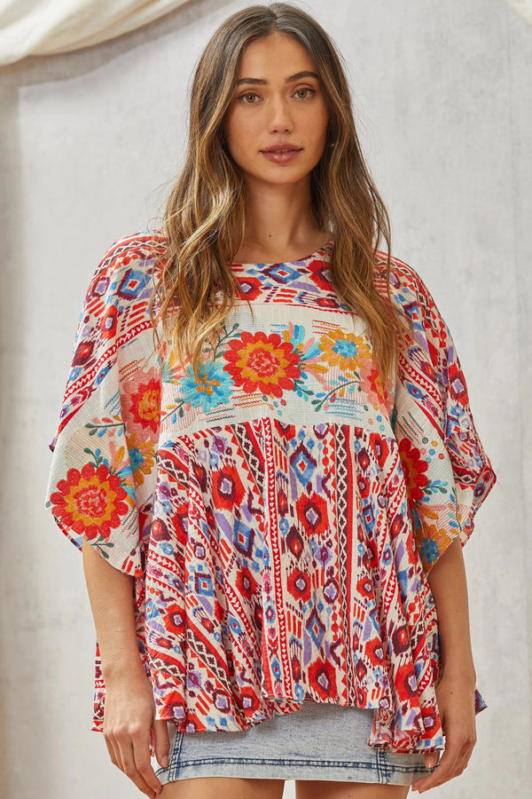 Savana Jane Multi Colored Knit Poncho Top with Floral Embroidery Top Savanna Jane   