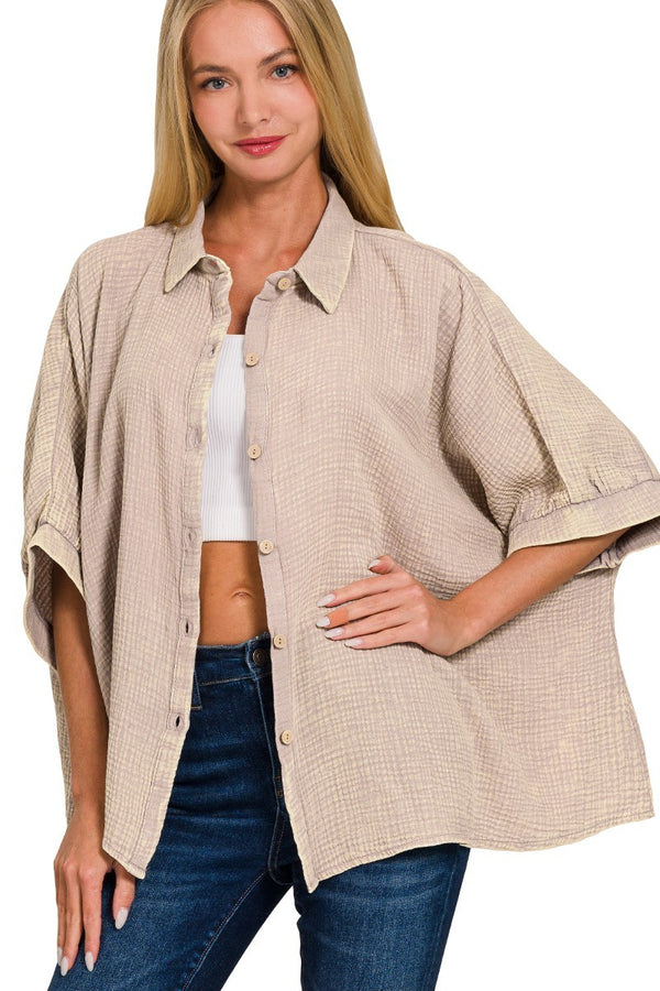 Mineral Washed Double Gauze Button Down Top in Ash Mocha ON ORDER Shirts & Tops Zenana   