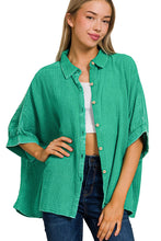 Load image into Gallery viewer, Mineral Washed Double Gauze Button Down Top in Kelly Green Shirts &amp; Tops Zenana   
