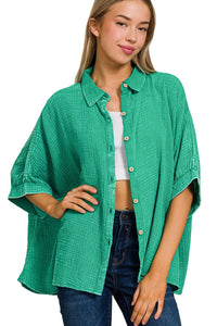 Mineral Washed Double Gauze Button Down Top in Kelly Green Shirts & Tops Zenana   