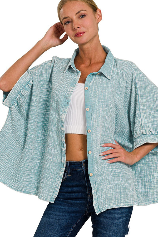 Mineral Washed Double Gauze Button Down Top in Dusty Teal Shirts & Tops Zenana   