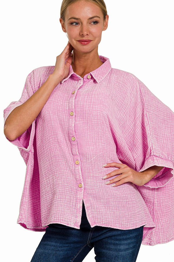 Mineral Washed Double Gauze Button Down Top in Mauve Shirts & Tops Zenana   