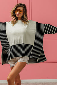 BiBi Mixed Striped Side Slit Sweater in Grey/Black