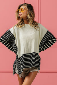 BiBi Mixed Striped Side Slit Sweater in Grey/Black