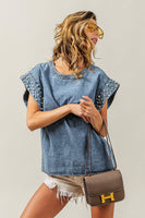 BiBi Denim Top with Pearl Embellished Sleeve Cuffs in Denim