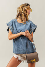 Load image into Gallery viewer, BiBi Denim Top with Pearl Embellished Sleeve Cuffs in Denim

