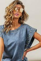 BiBi Denim Top with Pearl Embellished Sleeve Cuffs in Denim