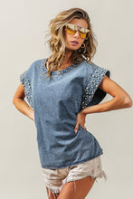Load image into Gallery viewer, BiBi Denim Top with Pearl Embellished Sleeve Cuffs in Denim
