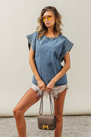 BiBi Denim Top with Pearl Embellished Sleeve Cuffs in Denim