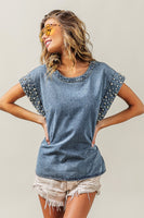 BiBi Denim Top with Pearl Embellished Sleeve Cuffs in Denim
