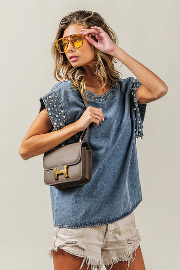 BiBi Denim Top with Pearl Embellished Sleeve Cuffs in Denim