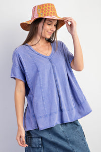 Easel Solid Color Cotton Blend Knit Top in Paris Blue Shirts & Tops Easel   