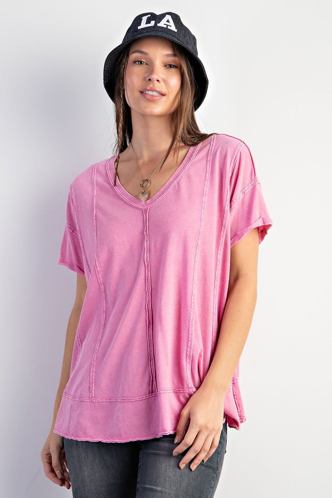 Easel Solid Color Cotton Blend Knit Top in Pink Shirts & Tops Easel   