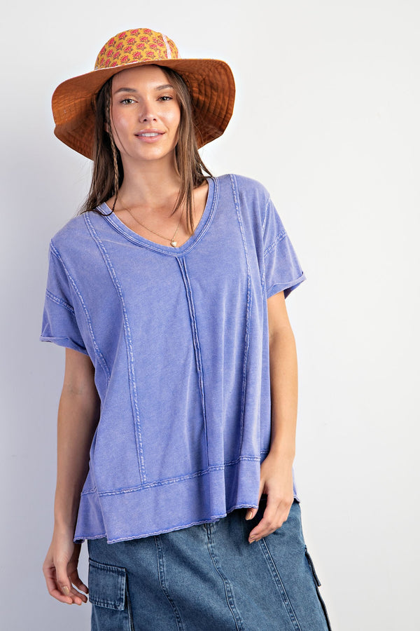 Easel Solid Color Cotton Blend Knit Top in Paris Blue ON ORDER Shirts & Tops Easel   