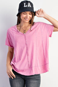Easel Solid Color Cotton Blend Knit Top in Pink Shirts & Tops Easel   