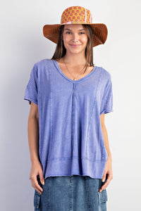 Easel Solid Color Cotton Blend Knit Top in Paris Blue Shirts & Tops Easel   