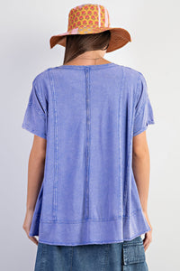 Easel Solid Color Cotton Blend Knit Top in Paris Blue Shirts & Tops Easel   