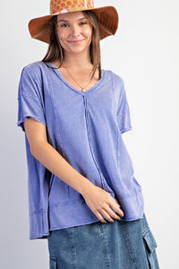 Easel Solid Color Cotton Blend Knit Top in Paris Blue Shirts & Tops Easel   