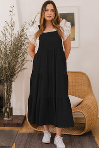 Oddi Button Sling Tiered Midi Dress in Black