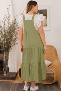 Oddi Button Sling Tiered Midi Dress in Sage Green