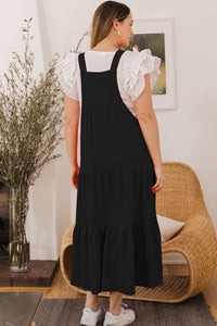 Oddi Button Sling Tiered Midi Dress in Black