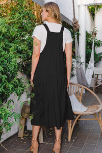 Oddi Button Sling Tiered Midi Dress in Black