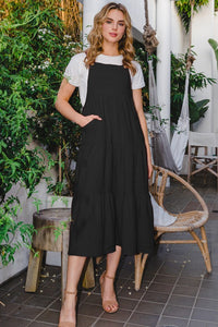 Oddi Button Sling Tiered Midi Dress in Black