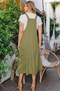 Oddi Button Sling Tiered Midi Dress in Sage Green