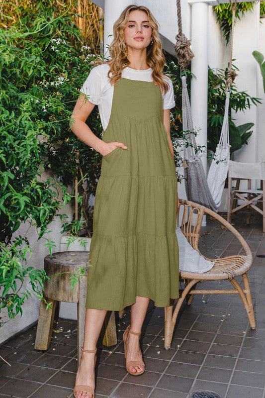 Oddi Button Sling Tiered Midi Dress in Sage Green