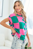 First Love Checkered Patterned Knitted Top in Green/Pink Shirts & Tops First Love   