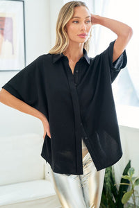 First Love Solid Color Front Button Down Shirt in Black Shirts & Tops First Love   