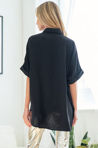 First Love Solid Color Front Button Down Shirt in Black Shirts & Tops First Love   