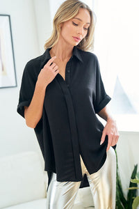 First Love Solid Color Front Button Down Shirt in Black Shirts & Tops First Love   