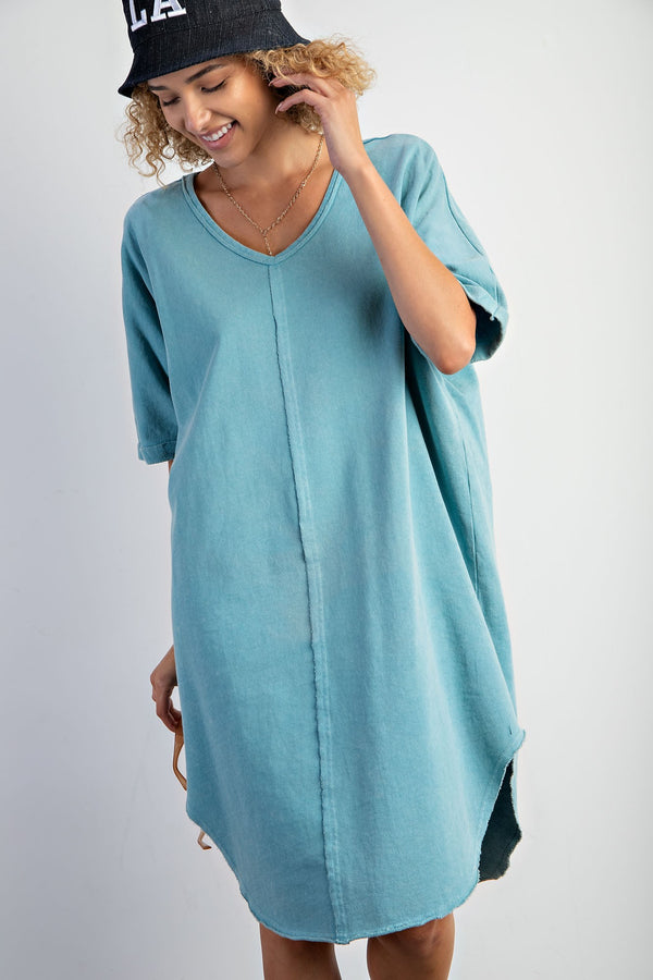 Easel Mineral Washed Terry Knit Tunic Dress in Dusty Blue Dresses Easel   