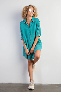 Easel Mineral Washed Button Down Long Shirt in Emerald Shirts & Tops Easel   