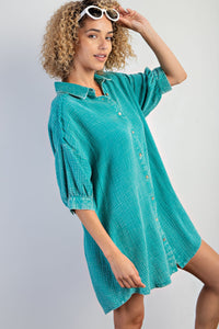 Easel Mineral Washed Button Down Long Shirt in Emerald Shirts & Tops Easel   