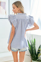 First Love Two Toned Multi Striped Print Top in Blue Shirts & Tops First Love   