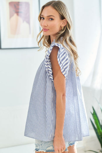 First Love Two Toned Multi Striped Print Top in Blue Shirts & Tops First Love   